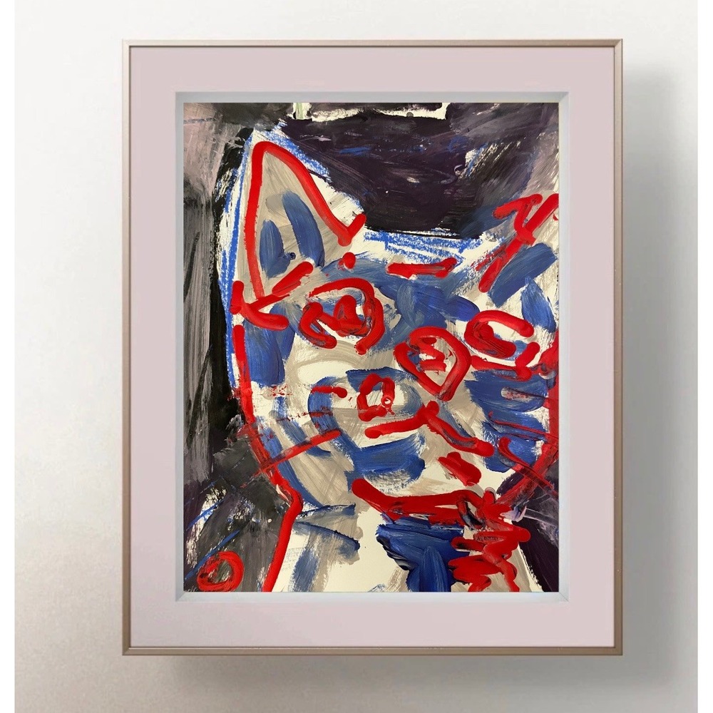 Oman Original Art 9x12 Neo Expressionist Paper Abstract Monochromatic Kitty Cat